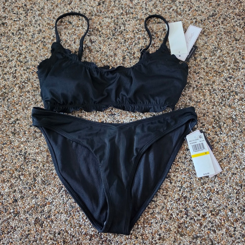 Salt + Cove Womens Black Textured Bikini Set Top and Bottom Medium